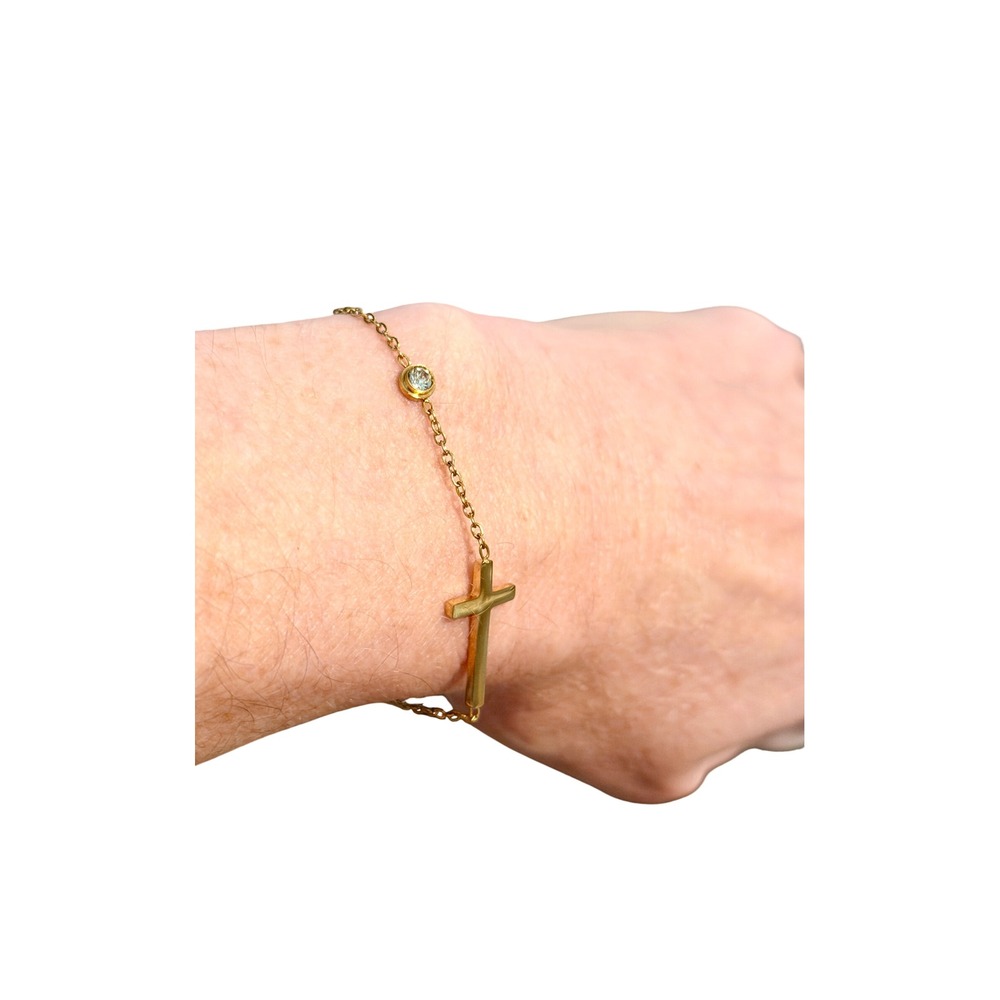 Womens 14k Gold stainless steel Sideways Cross Bracelet Bezel Cable Chain 7 Inch